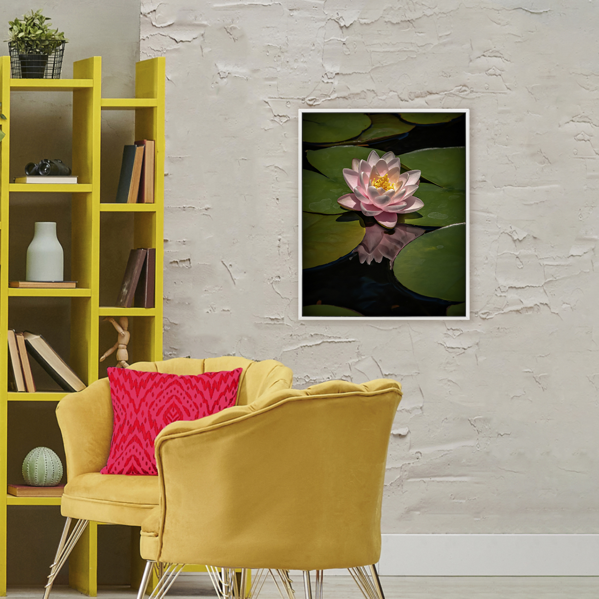 Pink Lotus Among Lily Pads White Framed Giclee Art, design by Phillip Flowers
