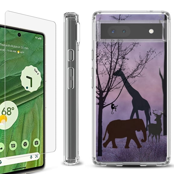 Shockproof Bumper Phone Case for Google Pixel 6a, with Tempered Glass Screen Protector, by OneToughShield ® - Twilight Safari