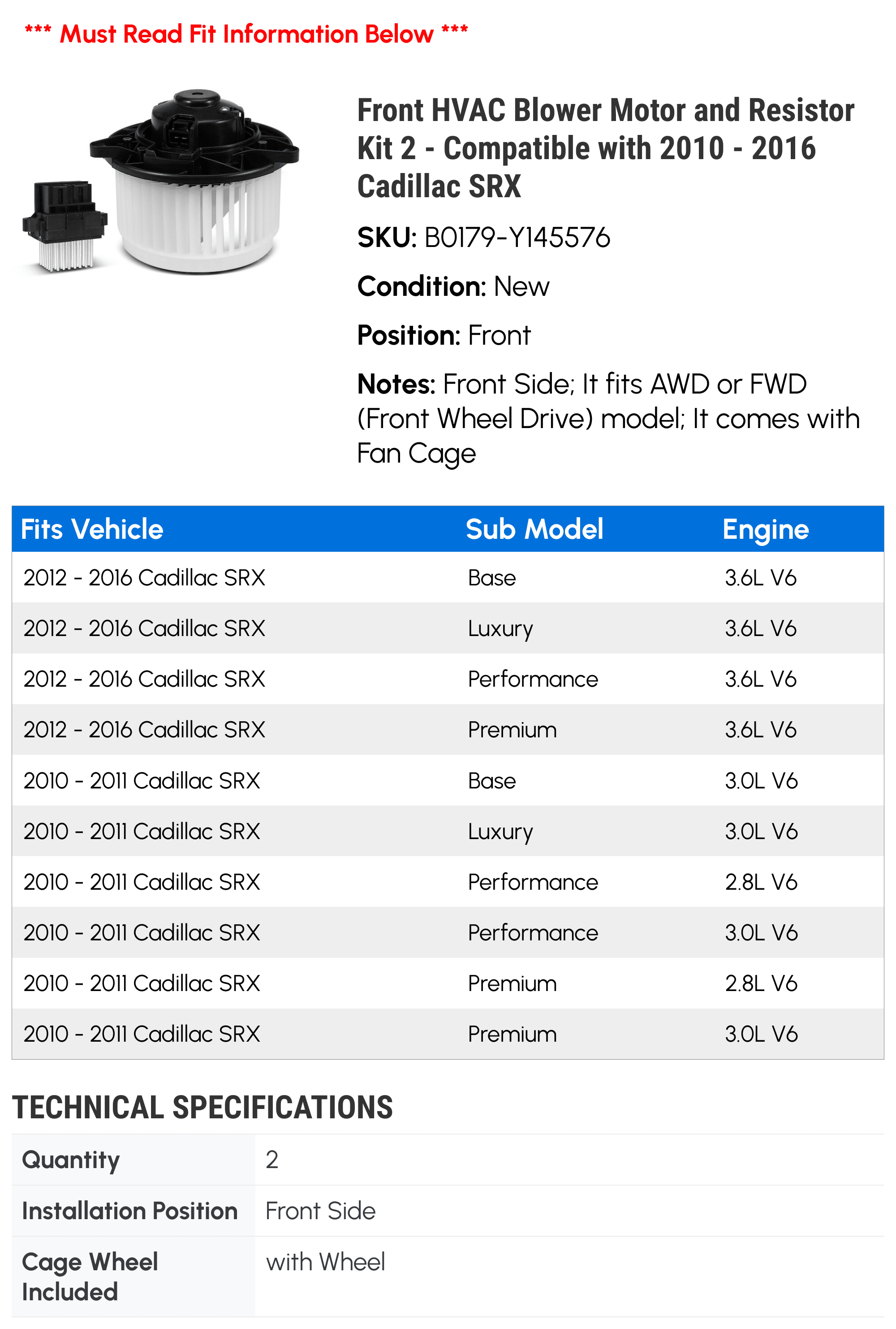 Front HVAC Blower Motor and Resistor Kit 2 - Compatible with 2010 - 2016 Cadillac SRX - Autopart Premium