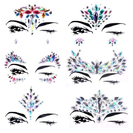 - Lady Up 6 PCS Face Jewels Tattoo Set Mermaid Gem Rhinestones Eyes Body Stickers Bindi Crystals Glitter for Rave Party Festival