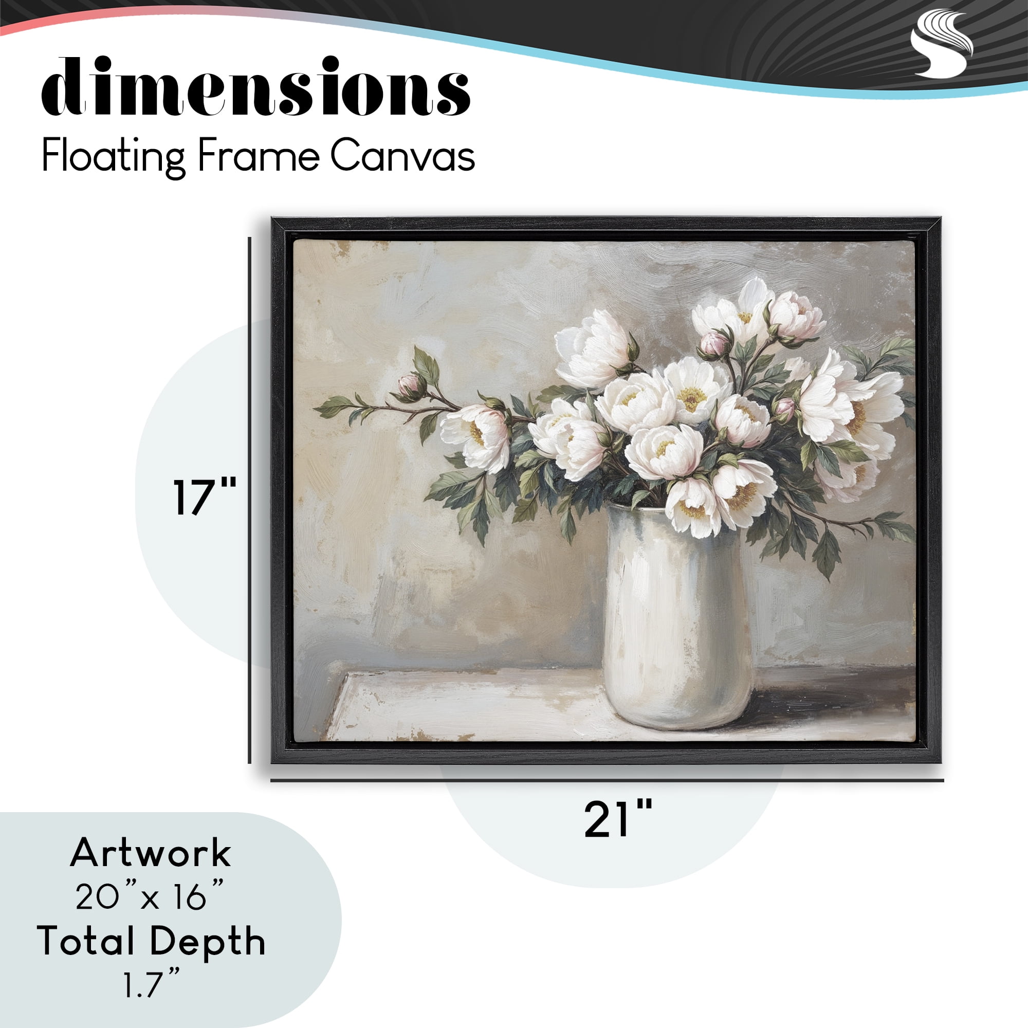 White Flowers in Vase Still Life Black Framed Floater Canvas Wall Art, design by Lettered and Lined