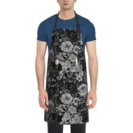 

Lukts Black Cats In A Garden Pattern Kitchen Cooking Aprons Adjustable Bib Soft Chef Apron with 2 Pockets for Men Women