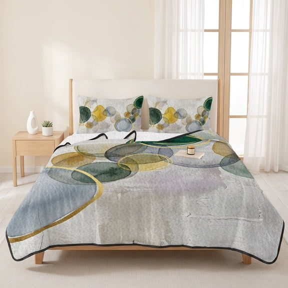 3 Pieces Queen Quilt Set,Watercolor Yellow Green Circles Soft Bedding Sets with 1 Quilt & 2 Pillow Shams,Mid-Century Bubbles Summer Bedspread Lightweight Coverlet Comforter for All Season