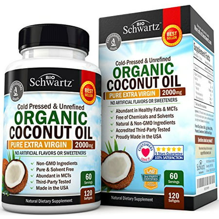 Organic Coconut Oil 2000mg. Highest Grade Extra Virgin Coconut Oil for Skin, Healthy Weight Loss, Hair Growth. Cold Pressed & Non-GMO Coconut Oil Capsules. Unrefined Coconut Oil Rich in MCFA and