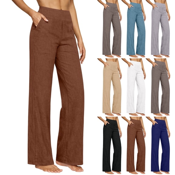 Kelon Yoga Pants, High Waisted Wide Leg Linen Pants for Women Trendy Flowy Lounge Pant Loose Fit Dressy Palazzo Trousers with Pockets, S
