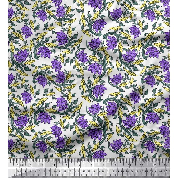 Soimoi Polyester Crepe Fabric Leaves & Lotus Block Fabric Prints by Yard 52 Inch Wide