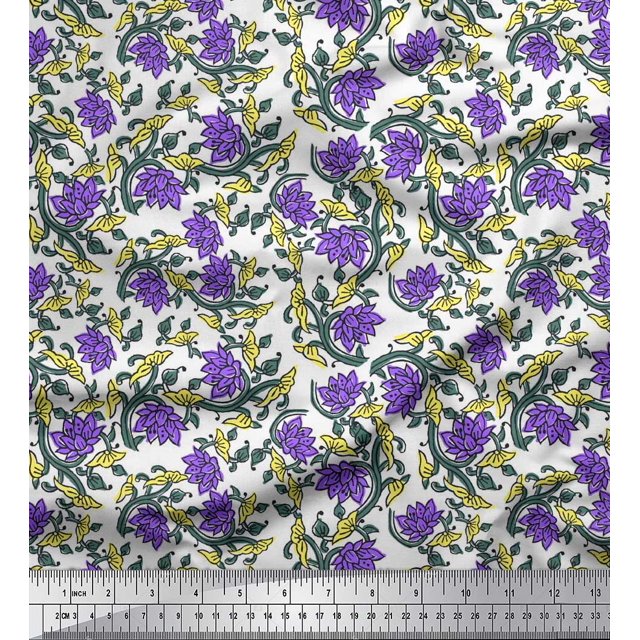 Soimoi Georgette Viscose Fabric Leaves & Lotus Block Decor Fabric Printed Yard 42 Inch Wide