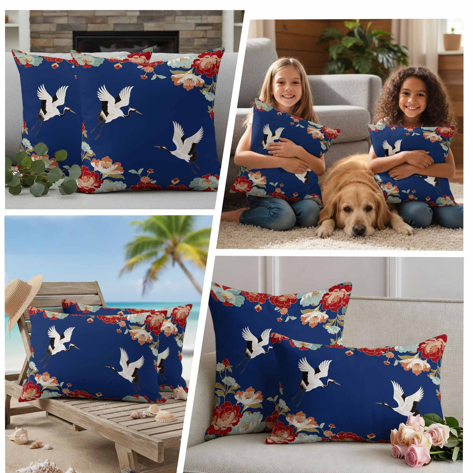 Pack of 2 Blue Crane Outdoor Pillow Covers Decorative, Waterproof Pillow Protector, Vintage Red Teal Spring Floral Botanical Throw Pillowcases Accent Cushion Cases for Patio Couch Sofa 18"x18"