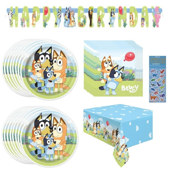 Bluey Birthday Party Supplies Bundle includes 16 Lunch Plates, 16 Lunch Napkins, 1 Table Cover, 1 Happy Birthday Banner (Bundle for 16)