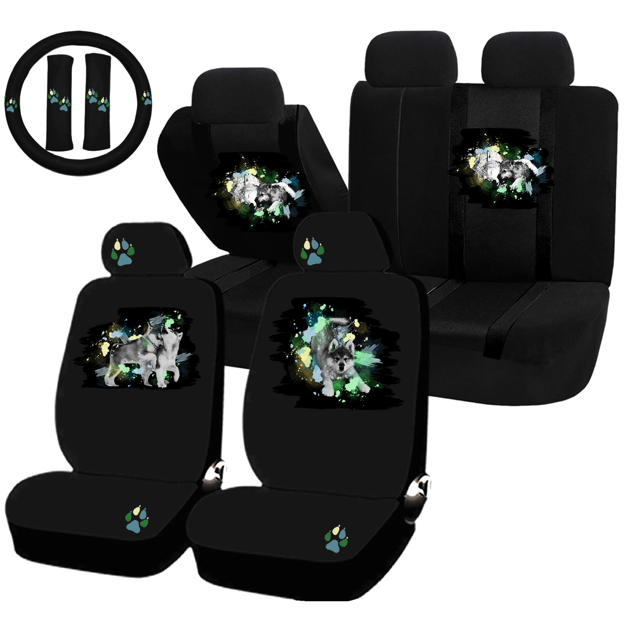Mom Pup Wolf Pack Wild Seat Covers Steering Wheel Set Universal Car Truck Suv