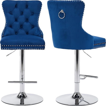 Blue Modern Swivel Bar Stools Set of 2, Velvet Counter Height Bar Stools for Kitchen Island, Adjustable Bar Chairs Barstools, Tufted Back, Silver Base, Sillas para Barra de Cocina (Blue, 2 Pcs)