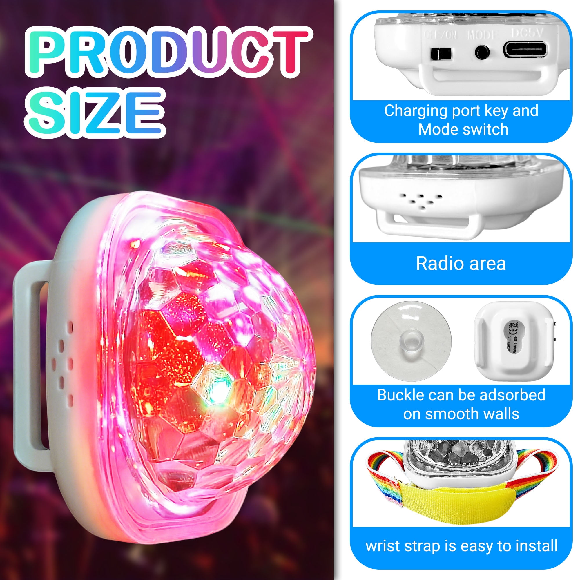 DAYBETTER Mini Disco Ball Light,White Voice Control LED Portable Bracelet Strobe Disco Light for Kids, Adults, Birthday Gift, Christmas