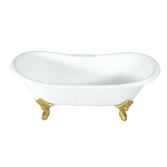 Aqua Eden VCT7DS7231NL7 72" Cast Iron Oval Double Slipper Clawfoot Tub (7" Faucet Drillings), White/Brushed Brass