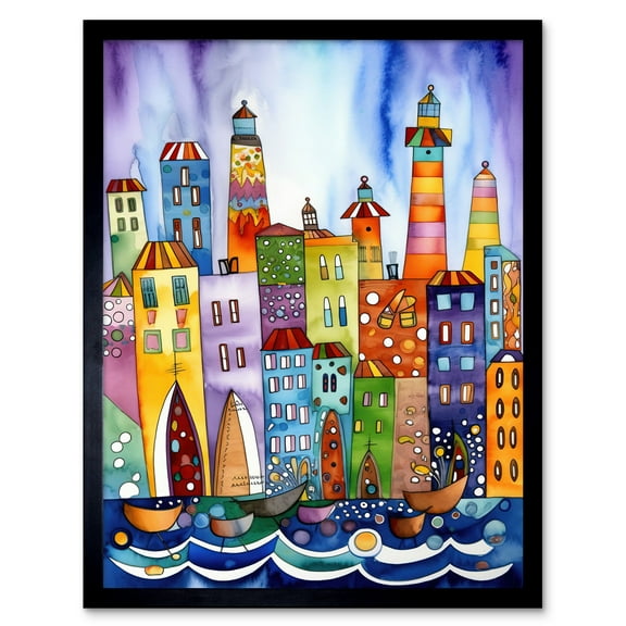 Canal Area Folk Art Watercolour Painting Art Print Framed Poster Wall Decor 12x16 inch