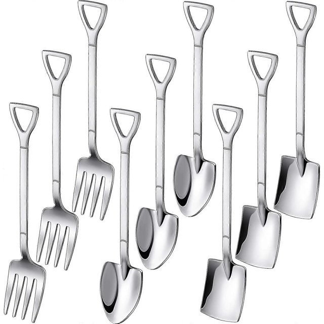 KAIYANG Juego de 9 minicucharas y tenedores de acero inoxidable para helado (plata)