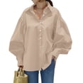 thumbnail image 2 of CIENVNSTG 2026 Women's Spring Fall Trendy Casual Lapel Button Down Shirt Lantern Puff Long Sleeve V Neck Loose Solid Plus Size Oversized Blouse Top Smooth Office Work Outfit Khaki M, 2 of 6