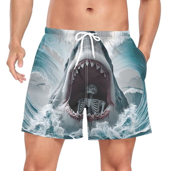 joogoo Men's Skull in Shark Swim Trunks with Liner Pocket Beach Shorts Large
