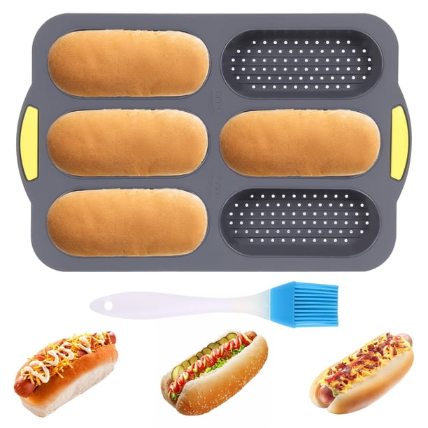 Molde de Silicona, Molde para Panecillos de Hot Dog con Pincel de Aceite, Molde Antiadherente para Hornear Pan Francés con 6 Canales, Molde para Pan Francés para Hot Dog
