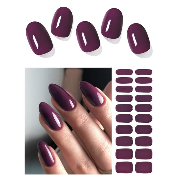 Foyute Semi Cured Gel Nail Strips, 20 Pcs Soft Self-Adhesive Gel Nail Polish Wraps Sticker for Salon-Quality Manicure Set,Long Lasting,Easy to Apply & Remove, Nail File & Wooden Stick (Grape Purple)