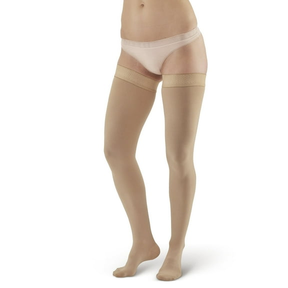 Ames Walker AW Style 292 Luxury Opaque 20-30 mmHg Firm Compression Closed Toe Thigh High Stockings w/Dot Band Beige Medium