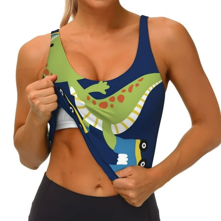Qokaie Dino Playing Roller Skate Pattern Womens Scoop Neck Sports Bra Breathable Workout Vest Padded U Back Medium Impact Fitness Gym Yoga Bra Workout Crop Top