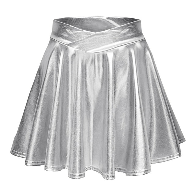 Jupe Patineuse Évasée Plissée Métallique Taille Haute Mode Femme Design Brillant