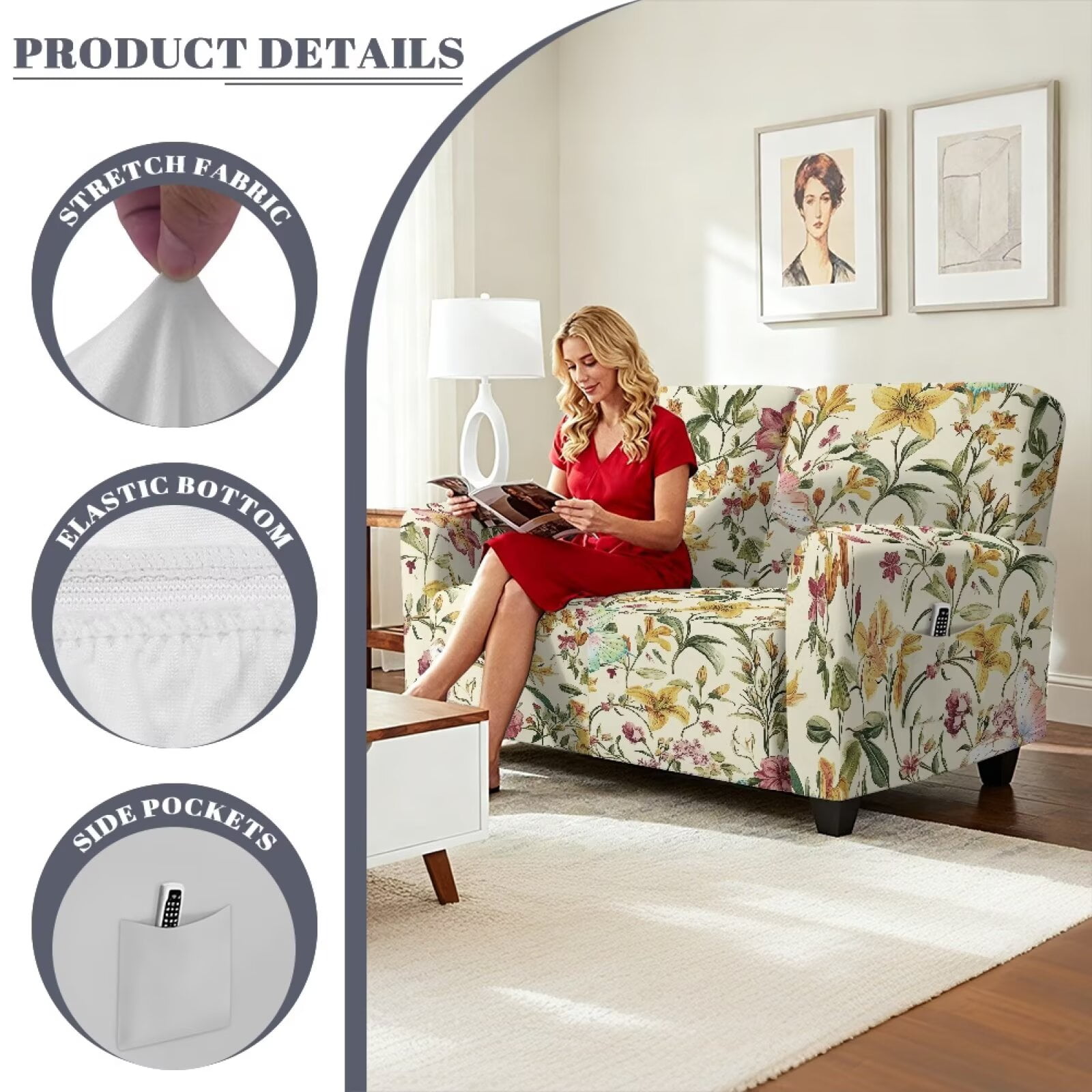 Yuyamidu Floral Print Loveseat Recliner Covers 2 Seater Stretch Recliner Loveseat Slipcover with Pockets Easy to Install Reclining Couch Covers Gift for Friends