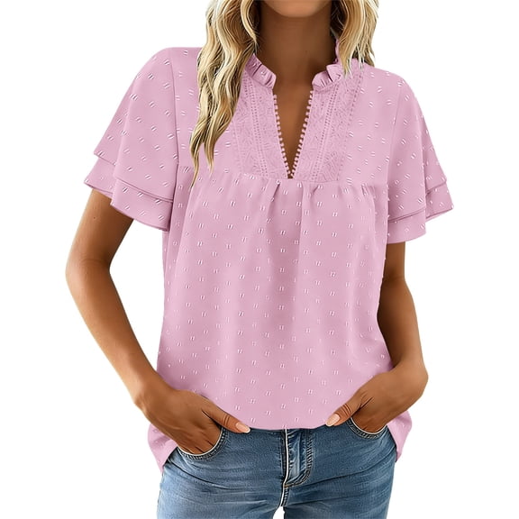 Bosfbaoi Women's Summer Tunic Tops, Loose Fit Double Ruffle Sleeve V Neck Blouse, Cute Dressy Casual Shirts for Work, Vacation, Daily Wear