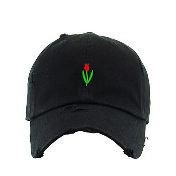 Tulip Flower Vintage Baseball Cap Embroidered Cotton Adjustable Distressed Dad Hat Black