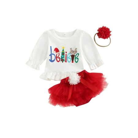 

3pcs Christmas Baby Girls Clothes Set Santa Letter Print Long Sleeve Tops Mesh Tulle Shorts Headband Outfit