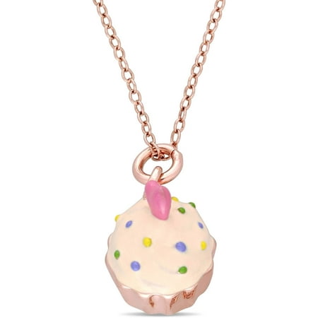 Cutie Pie Pink Rhodium-Plated Sterling Silver Kids' Cupcake Pendant with Multi-Color Enamel, 14 with 2 Extension