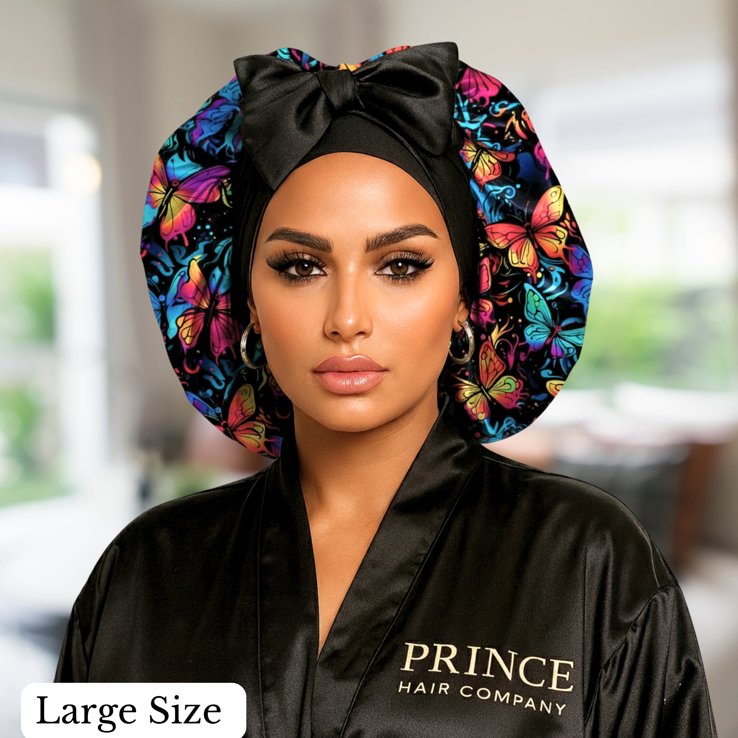 Prince Hair Company XL Premium Charmeuse Silk Sleep Bonnet for Women in Graffiti Butterfly Print