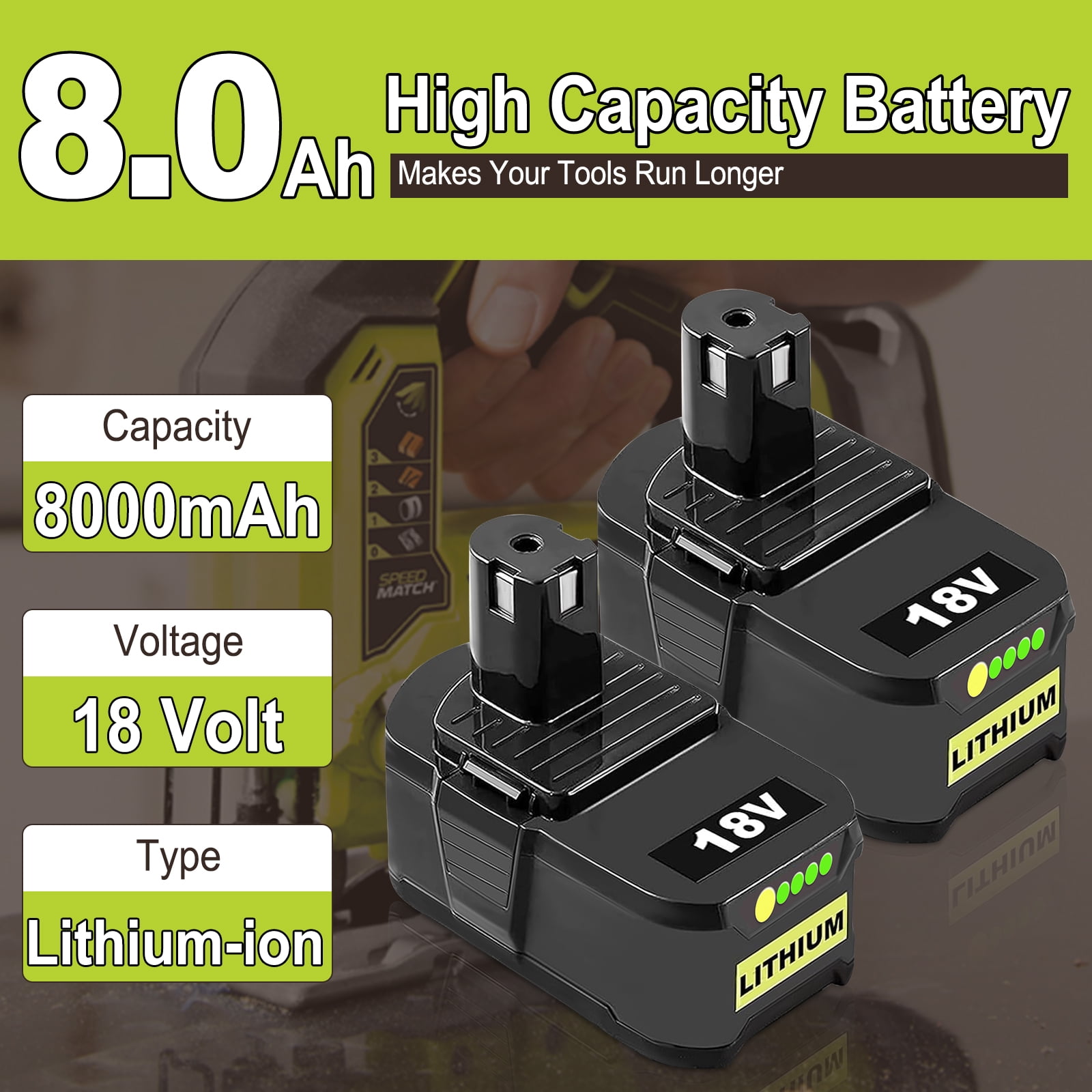4 Pack 8.0Ah Battery Fits for Ryobi Battery Replacement for Ryobi 18V Battery Compatible with Ryobi Battery 18V P102 P103 P104 P105 P107 P108 P109 P190 P122,Long Runtime & Fast Charging