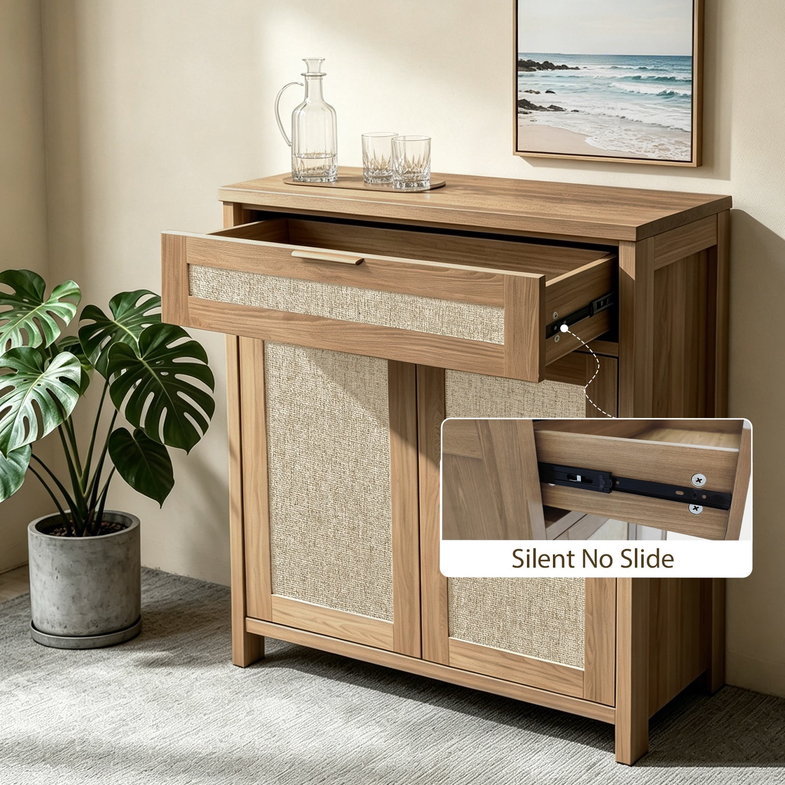 Hommoo Farmhouse Rattan Sideboard Buffet Cabinet, Wooden Storage Cabinet with Adjustable Shelf and Drawer, Boho Buffet Cabinet for Dining, Kitchen, Entryway, Living Room, Natural