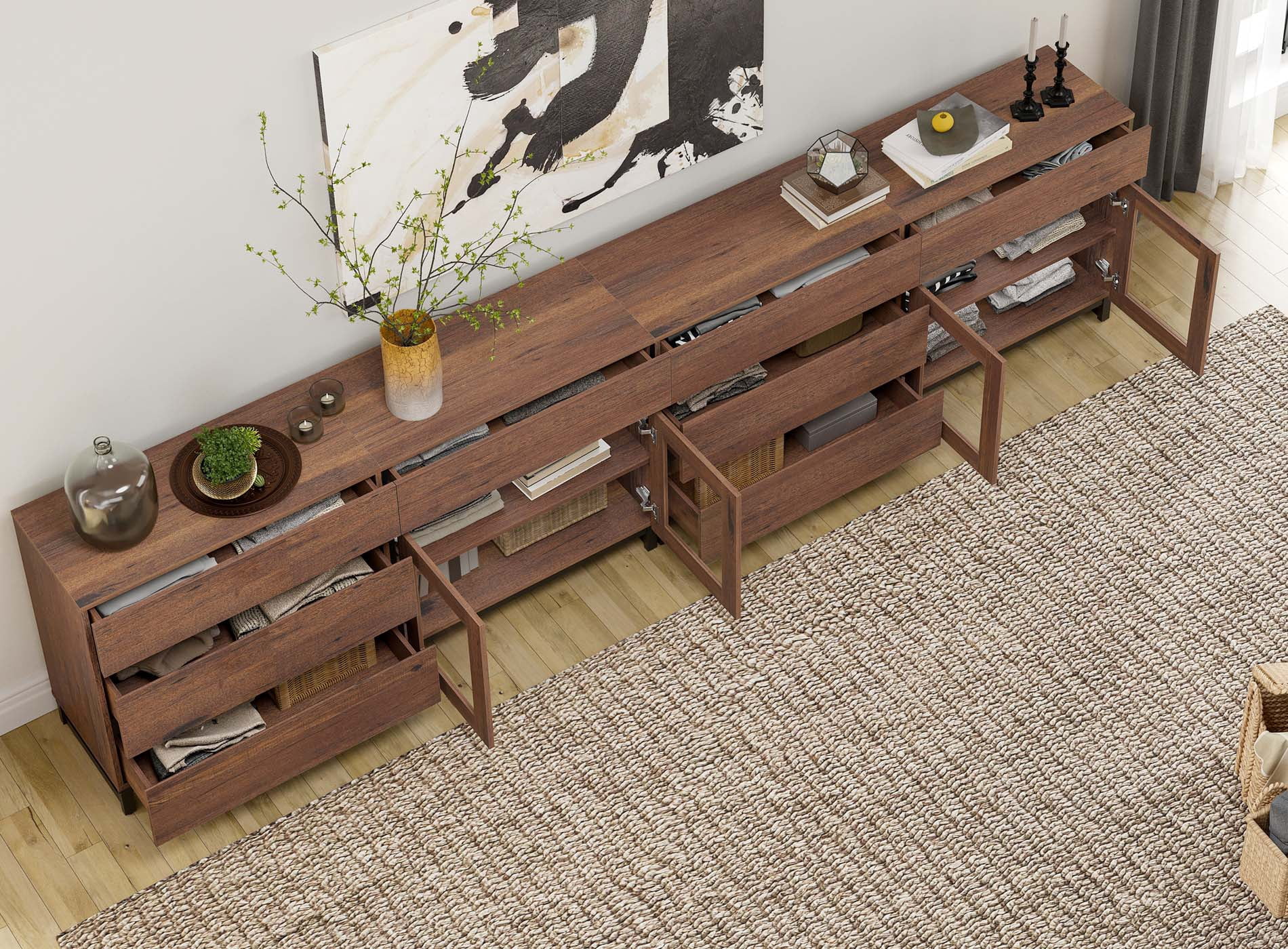 4-In-1 Multifunctional Sideboard Buffet with 8 Drawers, Modern Glass Door Credenza with Adjustable Shelf & Metal Base, Freestanding Storage Cabinet for Kitchen Living Room​,Brown