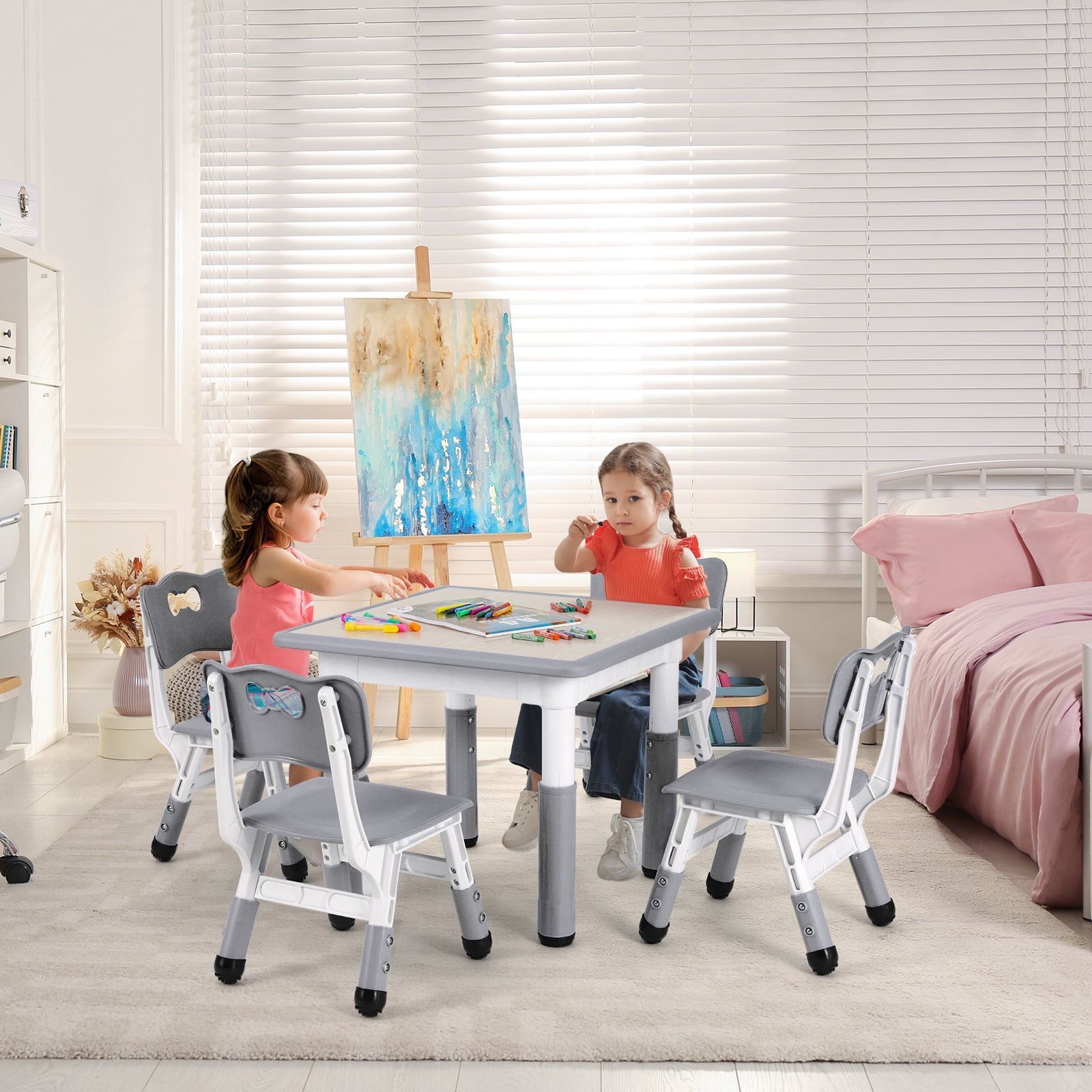 Pirecart Kids Table and 4 Chairs Set Height Adjustable Toddler Art Desk for Reading Drawing Eating, Suitable for Ages 2-10, Gary