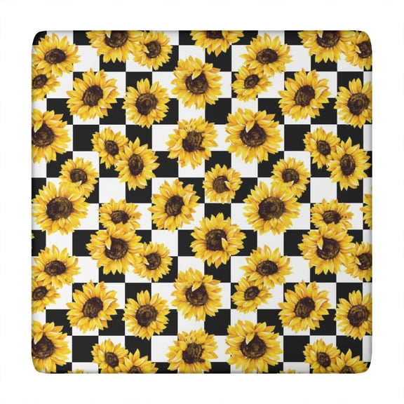 Black White Checker Sunflower Pattern Square Fitted Tablecloth with Elastic Edge,Square Table Cover,Washable Elastic Table Cover for Home Kitchen Party Decor 34"x34"