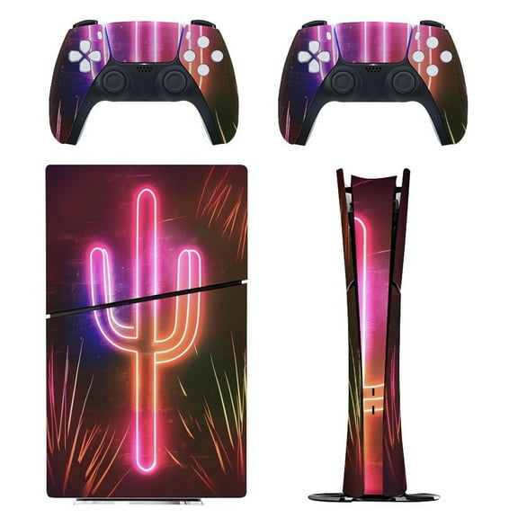 Skin Sticker for PS5 Slim Standard Disc Digital Edition Console and Controllers Decals for Playstation 5 (Neon Cactus Desert,PS5 Slim)