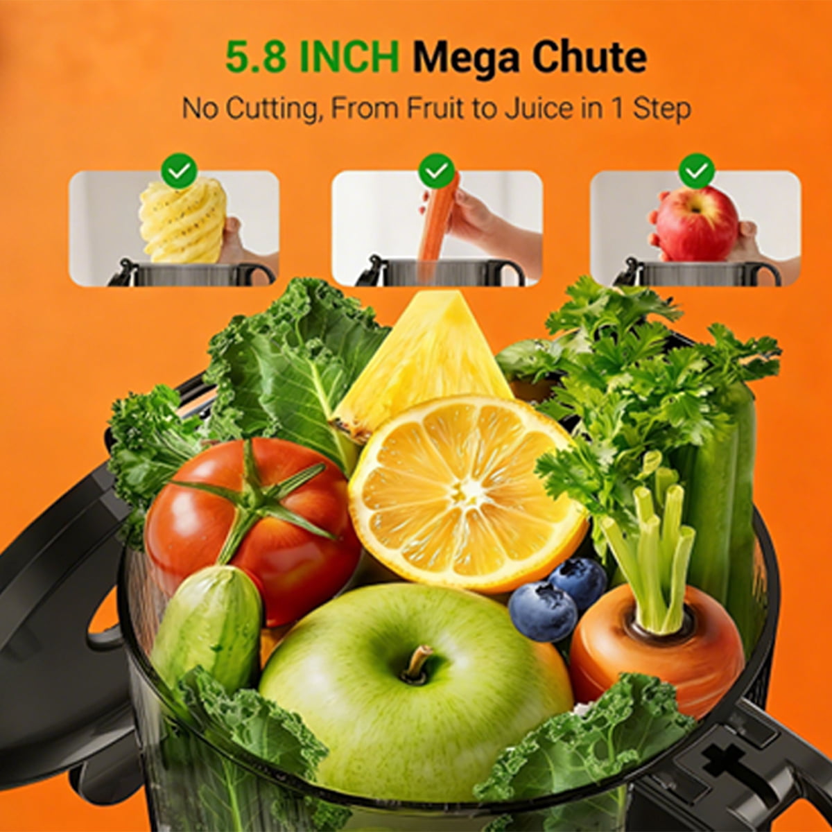 Slow Juicer Machine Cold Press Juicer with Wide Feed Chute 5.8In for Vegetables and Fruits High Juice Yield Easy Clean Low Noise 250W 110V All Copper Motor 17In Height with Automatic Reverse Function