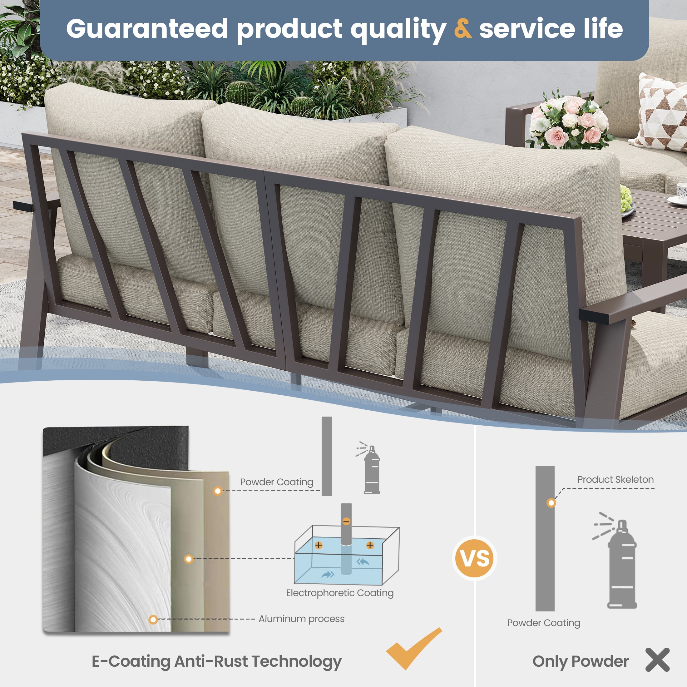 POTEBAN Aluminum Patio Furniture Set, Modern Metal Outdoor Sectional Sofa, Patio Conversation Sets with Side Table for Poolside, courtyard,Khaki