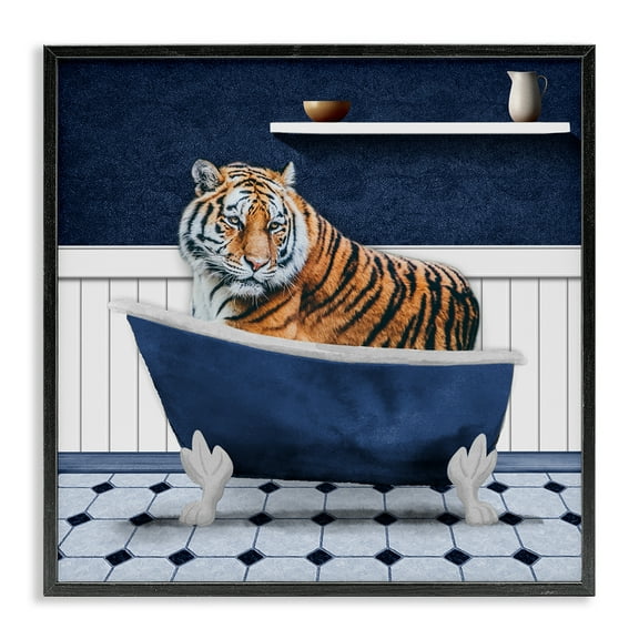 Stupell Industries Tiger in Blue Bathroom Bath & Laundry Painting Black Framed Art Print Wall Art, 12 x 12