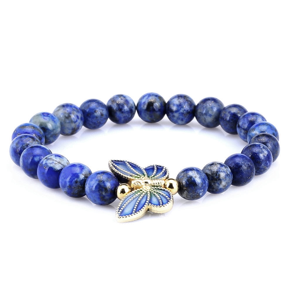 Gem Stone King 8mm Simulated-Lapis Lazuli 18K Yellow Gold Plated Silver Cloisonne Enamel Butterfly Bracelet for Women