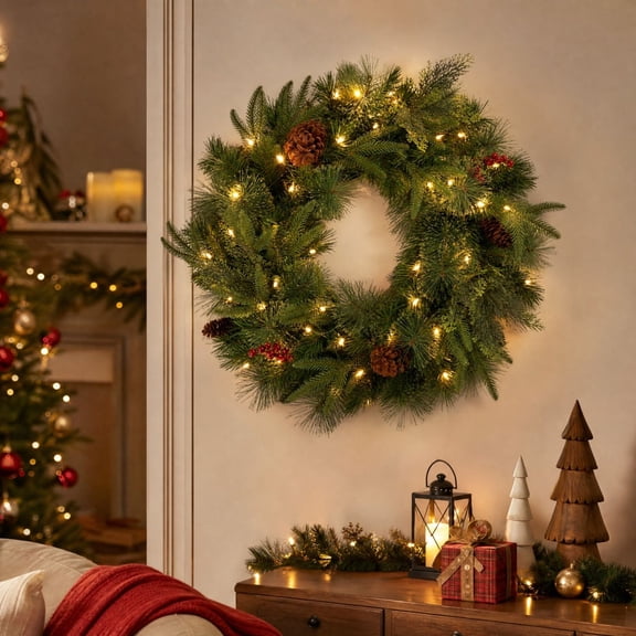 Feledorashia Prelit Christmas Wreath, Pine Door Wreath, 17.72 Inch for Front Door Fireplace Window and Holiday Wall Decorating, Dense Pine Needles and Pinecones and Berry Accents and Lights in Leds