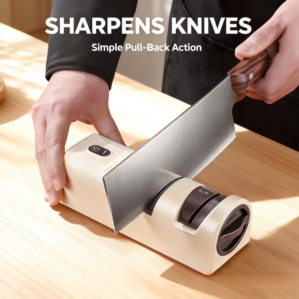 Automatic Kitchen Knife Sharpener, Professional 3-Stage Sharpening with Diamond Abrasive Wheels, Cordless Rechargeable Portable, for Most Household Knives