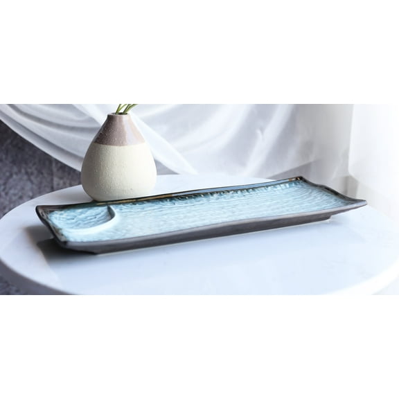 Pack Of 5 Ceramic Zen Blue Dinner Sushi Entree Platter Plate W/ Sauce Partition