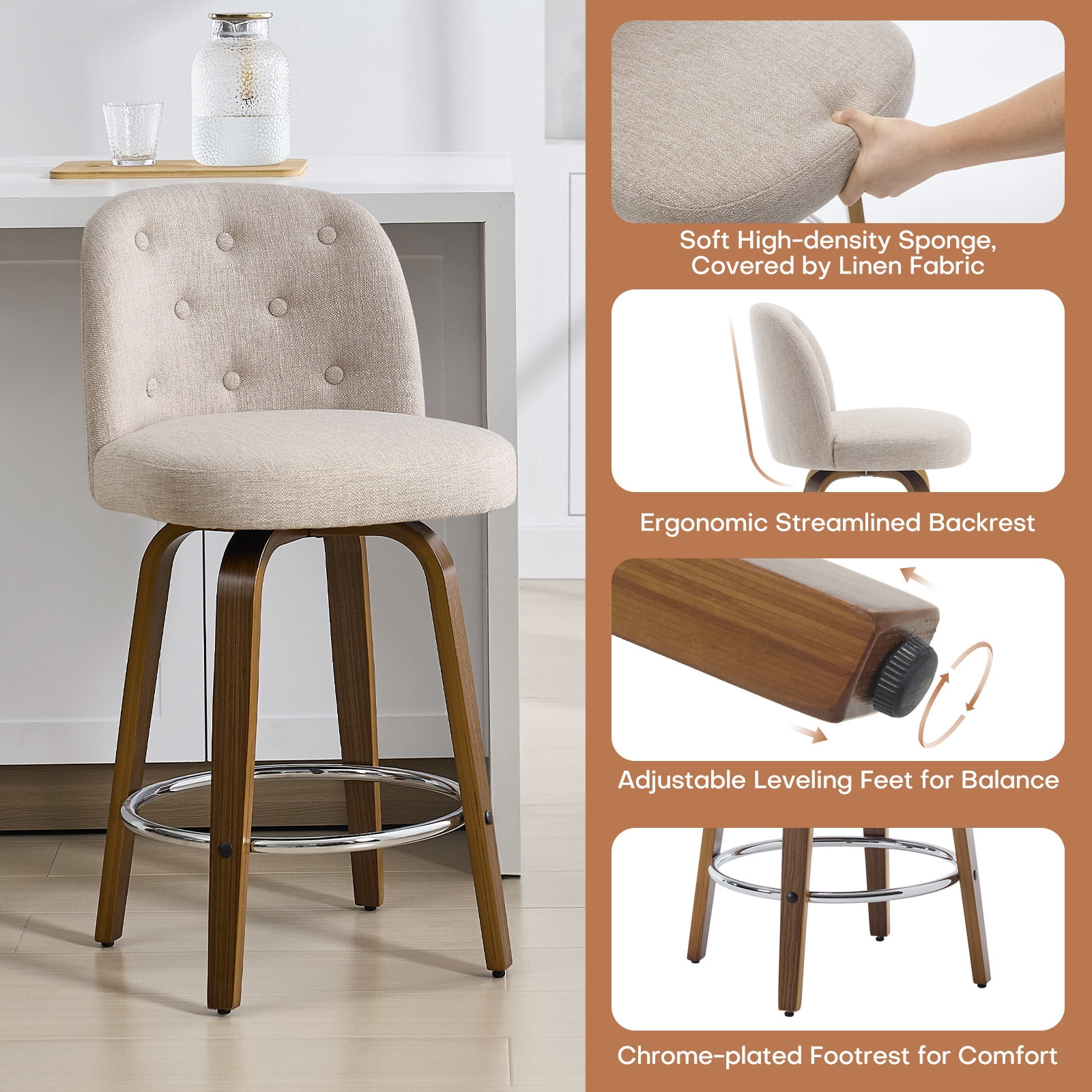 Foreate Swivel Bar Stools Set of 1, 26" Upholstered Linen Fabric with Button-tufted Mid-Back & Wood Legs, Modern Chair Kitchen Pub Island Counter Stool