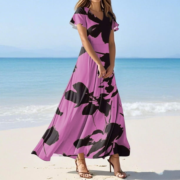 WILLBEST Vestido Casual De Verano Para Mujer, Vestido Vintage De Longitud Media Con Estampado Floral, Manga Corta, Cuello En V, Primavera 743