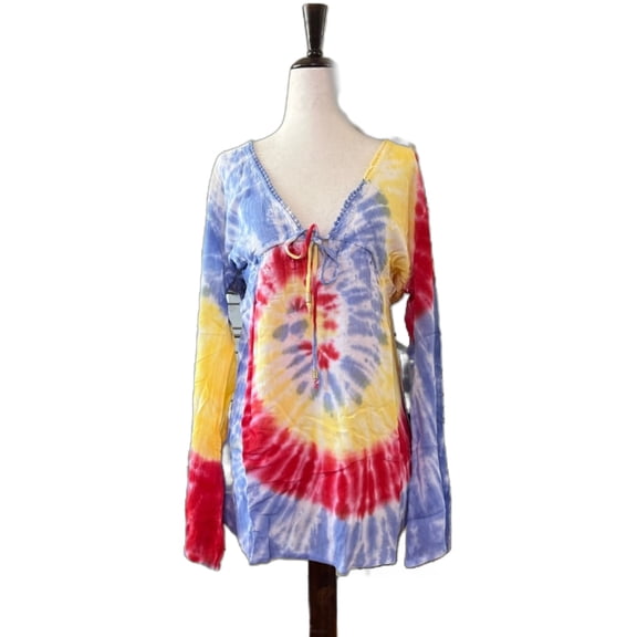 Tie Die Cover Up with Crochet Back in Rainbow Tie Dye