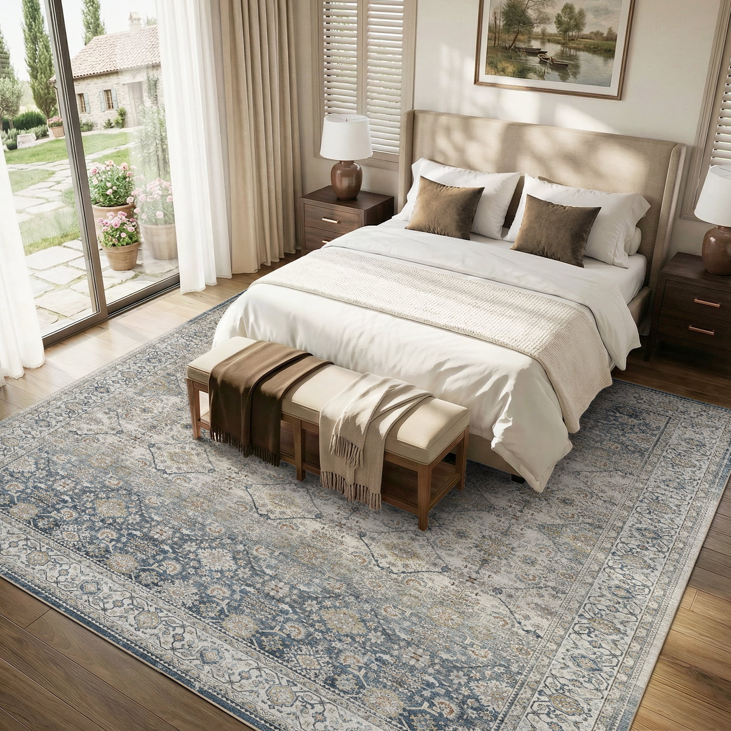 SIXHOME 5'x7' Area Rugs for Living Room Washable Rugs Ombre Vintage Floral Living Room Rug Aesthetic Carpet Soft Large Rugs for Bedroom Dining Room Office Retro Home Decor Blue