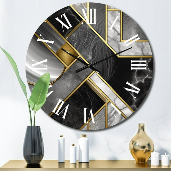 Designart "Marble Granite Agate with Gold Accents III" Modern Geometric Oversized Wall Clock